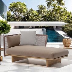 an outdoor lounge chair next to a pool with palm trees in the background and a potted plant