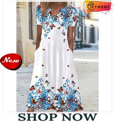 Women's Casual Dress Shift Dress Swing Dress Floral Butterfly Pocket Print V Neck Midi Dress Active Fashion Outdoor Vacation Short Sleeve Regular Fit White Blue Green Spring Summer S M L Xl Xxl V-neck Shift Dress With Pockets, White A-line Dress With Pockets, White V-neck Dress With Pockets, Blue V-neck Dress With Pockets, Blue Short Sleeve Maxi Dress With Pockets, Light Blue Summer Dresses With Pockets, Light Blue Summer Dress With Pockets, Blue Maxi Dress With Pockets For Spring, White V-neck Midi Dress With Pockets