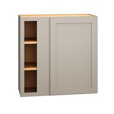 a white cabinet with wooden shelves and doors