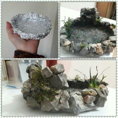 there are three pictures of rocks and plants in the same photo, one is made out of tin foil