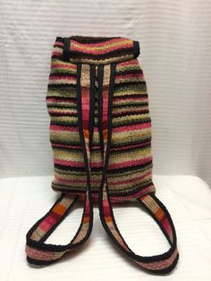 Kilim Backpack, Striped Tan, Green, PinkCinch and button bead closureUnlined interiorPLEASE SEE MEASUREMENTSMeasures: W 9" x H 15"  x Depth 4 1/2"Straps:Full length 26"Excellent condition: softPlease remember when buying vintage purses there are normally minor imperfections unless these are very noticeable or detract from the style or attractiveness of the item they are not normally mentioned.LOOKING FOR PERFECTION - VINTAGE IS NOT FOR YOU!(Excellent Condition) MINT - As close to "new" as possib Casual Backpack With Snap Closure, Casual Snap Closure Backpack, Casual Rectangular Backpack With Adjustable Straps, Rectangular Woven Backpack For Travel, Casual Everyday Woven Backpack, Casual Brown Woven Backpack, Casual Woven Backpack, Casual Beach Backpack With Woven Details, Casual Woven Backpack For The Beach