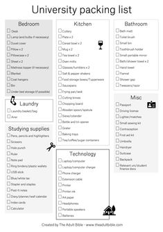 the university packing list is shown in black and white with an arrow pointing to it