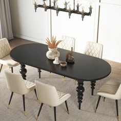 a black table with white chairs around it