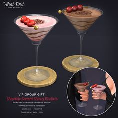 two martinis with chocolate and cherries in them, one is pink and the other is white