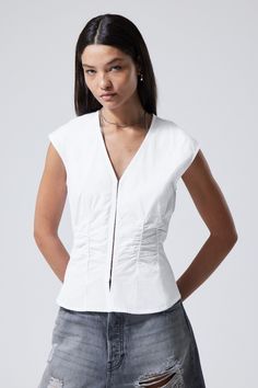 alec top - White Fitted Cotton V-neck Blouse, Fitted V-neck Cotton Blouse, Ruched Sleeveless Top For Daywear, Elegant Ruched Cotton Tops, Chic Ruched Cotton Blouse, Chic Cotton Blouse With Ruched Detail, Fitted Sleeveless Cotton Blouse, Swedish Street Style, Cotton Poplin Fabric