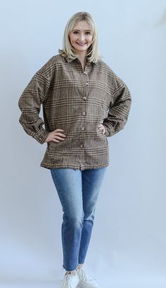 The Boone Day Plaid Brown Shacket is the ultimate cozy piece for your Fall and Winter wardrobe. The warm brown tones make this the perfect Fall festivity accessory! This shacket is detailed with long sleeves with buttons on the cuff, welt pockets, functional buttons, collar and a clean hem. Pair this shacket with your favorite mom jeans, boots and a basic white tee for a timeless and cozy look! - Runs true to size - Button down shacket - Long sleeves - Button on sleeve cuffs - Collar - Clean hem Plaid Brown, Basic White Tee, Jeans Boots, Favorite Daughter, Brown Tones, Warm Brown, Fall Festival, White Tee, Fall And Winter