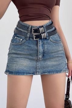 Girls Skirts Fashion, Denim Dress Style, Hot Skirts, Denim Pattern, Double Belt, Denim Fashion Women, Clothes Korean Style, Micro Skirt, Womens Denim Dress