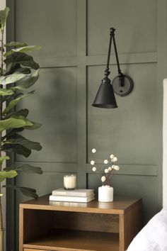 a bedroom with green walls and a wooden night stand next to a plant on the nightstand