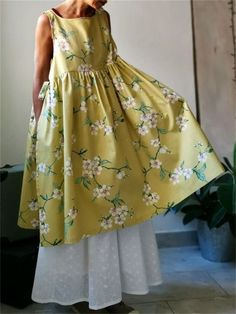 Cherry Blossom Pleated Pinafore Midi Dress Yellow Knee-length Casual Sundress, Yellow Casual Knee-length Sundress, Casual Yellow Knee-length Sundress, Casual Yellow Printed Sundress, Casual Green Printed Sundress, Spring Yellow Printed Sundress, Casual Yellow A-line Sundress, House Wear, Apron Sewing Pattern