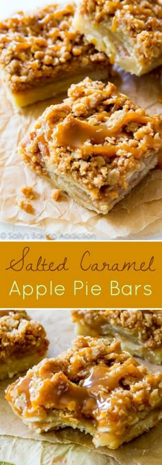 apple pie bars are stacked on top of each other, with caramel toppings