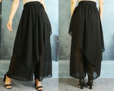 * A pair of chiffon skirt pants, outer layer is skirt, inner layer is wide leg pants.  * Materials is pearl chiffon, fit for summer. * Materials: 100% polyester Shop sizing chart FYI ( actual body figures, not laying flat clothes measurements) Size XS (US 2, UK 6, German 32, French 34) Bust: fits bust around 33.5 inches/85cm Waist: fits waist around 26 inches/66cm Hips: fits hips around 36 inches/91cm Size S (US 6, UK 10, German 36, French 38) Bust: fits bust around 35.5 inches/90cm Waist: fits waist around 28 inches/71cm Hips: fits hips around 38 inches/97cm Size M ( US 10, UK 14, German 40, French 42) Bust: fits bust around 37.5 inches/95cm Waist: fits waist around 30 inches/76cm Hips: fits hips around 40 inches/102cm Size L (US 14, UK 18, German 44, French 46) Bust: fits bust around 40. Ankle-length Summer Party Bottoms, Chiffon Wide-leg Maxi Skirt For Summer, Wide Leg Chiffon Maxi Skirt For Summer, Non-stretch Chiffon Wide Leg Bottoms, Non-stretch Wide Leg Chiffon Bottoms, Flowy Wide Leg Black Bottoms, Flowy Chiffon Party Bottoms, Black Flowy Chiffon Bottoms, Black Flowy Chiffon Skirt Bottoms