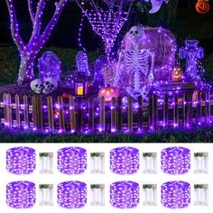 halloween decoration with purple lights and skeletons on display in front of trees, bushes and pumpkins