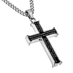 Solid stainless steel cross pendant with high polish finish frame and ebony middle with electroplated Scripture. Cross is 1.75 x 1 on 24 stainless steel chain. Have I Not Commanded You? Be Strong And Courageous! Do Not Tremble Or Be Dismayed, For The Lord Your God Is With You Wherever You Go. (Joshua 1:9) Black Engraved Cross Jewelry, Black Engraved Crucifix Necklace, Black Crucifix Necklace Engraved, Black Engraved Cross Pendant Necklace, Black Cross Necklace As Gift, Black Cross Pendant Necklace Gift, Black Stainless Steel Cross Jewelry, Black Polished Cross Jewelry, Black Stainless Steel Necklace With Cross Pendant