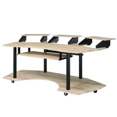 three tables with black metal legs and two shelves on each side, one is empty