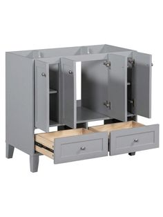 a grey cabinet with two drawers and one door open