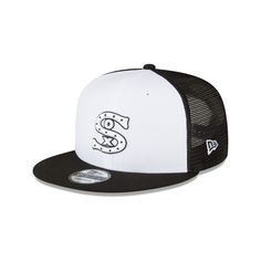 a white and black snapback hat with the word s on it's side