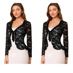 Opt for a decadent cover-up for your special occasions with this lace shrug. This stretchy lace cardigan offers the perfect balance to longer layers in a waist-defining cut with a tie front. Constructed in a classic shrug silhouette, this charming piece benefits from an open neck and elegant long sleeves with ruffles. Intricate design details include a satin binding around the front and hem and a floral lace design. Paired with a sleeveless dress, spaghetti strap, tank top, or simple off-shoulder top for an elegant and chic look. Evening Shrug With Lace Trim, Fitted Lace Cardigan For Party, Spring Party Lace Shrug, Spring Party Shrug With Lace Trim, Party Shrug With Lace Trim, Party Lace Shrug With Lace Sleeves, Spring Party Lace Cardigan, Elegant Fitted Lace Trim Cardigan, Lace Patchwork Cardigan