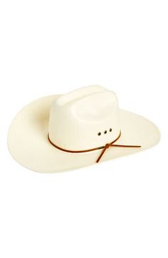 Elevate your Western style in this on-trend straw cowboy hat with a slender leather band around the crown. Straw Spot clean Imported Classic White Straw Hat For Rodeo, Western Style Rigid Straw Hat For Rodeo, White Western Toquilla Straw Hat, White Toquilla Straw Hat Bands For Ranch, White Country Hat In Toquilla Straw, White Western Panama Hat, White Straw Hat With Short Brim For Ranch, White Country Style Hat In Toquilla Straw, White Single Vent Straw Hat For Western-themed Events