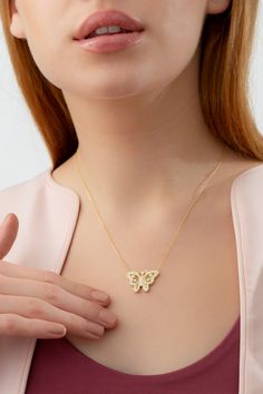 10k 14k 18k Solid Gold Diamond Butterfly Necklace Pendant, Dainty Solid Gold Butterfly Pendant, Elegant Butterfly Necklace is a Great Birthday Gift FEATURES * Solid Gold (real gold, not gold plated or gold filled material) * Gold Karat: 10K (417) - 14K (585) - 18K (750) (optional) * Pendant Height: 0.74 Inches (1.88 cm) * Pendant Width: 0.99 Inches (2.51 cm) * Available Gold Color: Yellow gold, rose gold and white gold (optional) * Diamond weight: 0.84 ct * Diamond color: G-H Color * Diamond cla Diamond Butterfly Necklace, Diamond Star Necklace, Thick Necklace, Butterfly Necklace Gold, Diamond Butterfly, Gold Diamond Necklace, Diamond Star, Great Birthday Gifts, Gold Butterfly