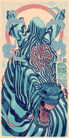 a zebra with its mouth open standing in front of a pink and blue poster that says,