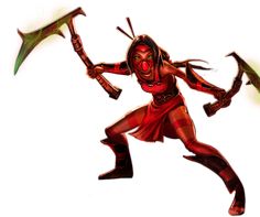 a drawing of a woman in red and black holding two green scepts with her hands