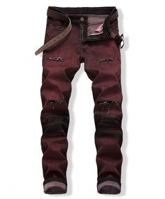 Ripped Biker Jeans, Mens Bottoms, Wash Painting, Ripped Denim Pants, Casual Pants Style, Burgundy Jeans, Ripped Jeans Men, Biker Jeans, Cuffed Jeans