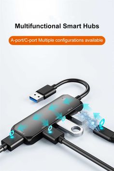 an image of a usb cable connected to a smart phone with the words multifunctional smart hubs above it