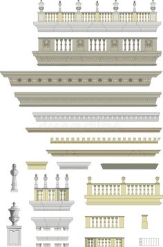 the architectural details of an old building, including balconies and railings royalty illustration