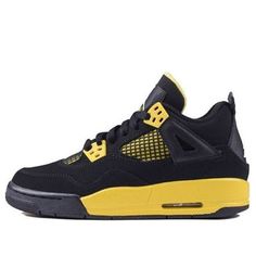 The Air Jordan 4 Retro 'Thunder' was first released in 2006 to much fanfare. The shoe was designed by world-renowned shoe designer, Tinker Hatfield, and features a unique black nubuck upper with contrasting yellow hits on the netting, lacing units, lining, and midsole. The shoe is finished off with white Jumpman logos on the tongue, heel, and outsole. The 'Thunder' colorway is one of the most popular colorways of the Air Jordan 4 Retro and is sure to be a hit with fans of the series. (AJ4/SNKR/High Top/Basketball) Air Jordan 4 Breathable For Streetwear, Breathable Air Jordan 4 For Streetwear, Breathable Jordan Shoes With Round Toe For Streetwear, Breathable Jordan Shoes For Streetwear, Breathable Air Jordan 4 Lace-up For Streetwear, Black Breathable Air Jordan 4 Lace-up, Black Air Jordan 4 High-top Breathable, Sports High-top Air Jordan 4 With Branded Insole, Black Breathable High-top Air Jordan 4