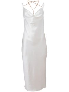 ivory white silk satin finish chain-link detailing cowl neck adjustable spaghetti straps straight hem mid-length slip-on style White Satin Evening Slip Dress, Formal White Satin Slip Dress, White Satin Formal Slip Dress, Chic White Satin Slip Dress, Elegant White Slip Dress With Satin Finish, White Elegant Slip Dress With Satin Finish, White Satin Finish Slip Dress For Evening, White Bias Cut Slip Dress For Night Out, White Silk Slip Dress With Satin Finish