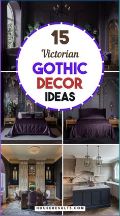 a collage of photos with the words victorian gothic decor ideas in purple and blue