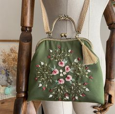 Handmade floral bag Luxury Embroidered Shoulder Bag, Green Pouch Satchel For Spring, Spring Crossbody Evening Bag For Daily Use, Ladies' Floral Embroidery Top Handle Bag, Vintage Green Mobile Phone Bag, Green Rectangular Shoulder Bag With Floral Embroidery, Embroidered Top Handle Bag For Daily Use, Spring Gift Bag With Detachable Handle, Spring Gift Bags With Detachable Handle