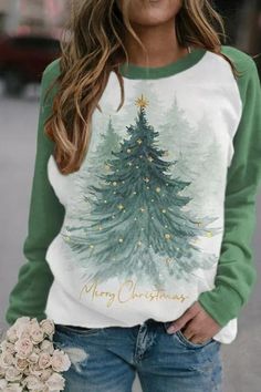 Women's Christmas Tree Printed Sleeve Sweatshirt Winter Outfits Men, Women's Sweater, Tree Print, Printed Sleeves, Winter Sweaters, Christmas Special, Christmas Women, Long Sleeve Sweatshirts, Digital Printing