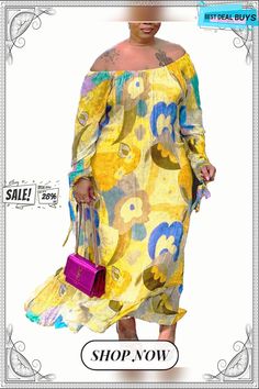 Off Shoulder Printed Casual Maxi Dresses Yellow Maxi Dress For Vacation, Spring Non-stretch Maxi Dress For Day Out, Casual Long Sleeve Maxi Dress For Beach Season, Casual Beach Maxi Dress For Fall, Casual Maxi Dress For Beach In Fall, Trendy Beach Dresses For Fall, Yellow Non-stretch Casual Maxi Dress, Casual Yellow Non-stretch Maxi Dress, Casual Multicolor Non-stretch Maxi Dress