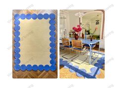 a blue table and chairs in a room with a rug on the floor next to it