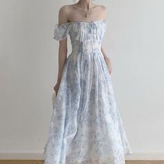 Welcome To Joskka Store! Dresses French Style, Shabby Chic Dress, Princess Party Dress, Off Shoulder Long Dress, Blue Floral Print Dress, Fairy Dresses, 파티 드레스, Elegant Midi Dresses, Cottagecore Fashion