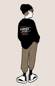 a drawing of a person wearing a black shirt with the word hammer written on it