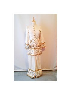 "Unique South Asian Wedding Outfit, Beautifully Beaded Jacket, Pants and Long Cape, Handmade with Gold Trim and Buttons Long Cape with Scalloped Edge. Not certain of its origin but I have had it since the early 90's Jacket: Bust up to 36\" Waist: 30\" Hips up to 38\" Shoulder width: 14\" Sleeve length: 23\" Back Length to Hem: 31\" Pants: Waist: 26\" Hips: 40\" Length: 36\" Excellent Condition Excellent Care instructions: Probably hand wash or dry cleaned by a place that does Wedding Gowns : : : Traditional Embellished Beige Sets, Traditional Beige Embellished Sets, Beige Wedding Sets With Pearl Embroidery, Elegant Cream Sets For Traditional Ceremonies, Traditional Embellished Sets For Ceremony, Fitted Traditional Wear With Gold Embroidery For Ceremonies, Fitted Sets With Pearl Embroidery For Ceremony, Fitted Ceremony Sets With Pearl Embroidery, Elegant Embellished Sets For Traditional Ceremonies