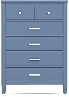 a blue dresser with four drawers and two doors on each side, in front of a white background