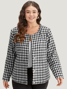 Shop Houndstooth Button Through Blazer now and redefine your style with confidence at BloomChic. Tailored for mid and plus-size women. This trendy Outerwear Women, sizes 10-30. Season:Winter;Color:Black;Style:Casual;Neckline:Open Front;Sleeve Type:Regular Sleeve;Pattern Type:Houndstooth;Details:Button, Contrast, Texture;Pocket:No-pocket;Belt:No-belt;Closure Type:Button;Lining:No-lining Contrast Texture, Plus Size Blazers, 70 Fashion, Trendy Outerwear, Plus Size Blazer, Leather Patchwork, Winter Color, Sleeve Pattern, Modern Women