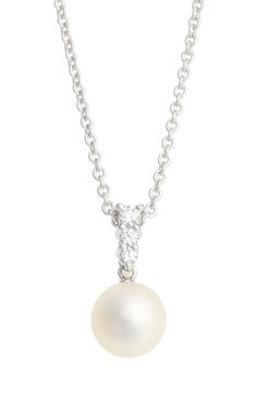 Drops of glistening diamonds descend to an elegant Akoya cultured pearl in an understated necklace handcrafted in 18-karat white gold. Style Name:Mikimoto 'Morning Dew' Akoya Cultured Pearl & Diamond Pendant Necklace. Style Number: 340870. Available in stores. Elegant Drop Solitaire Necklace For Formal Occasions, Diamond Teardrop Pendant Necklace With Pearl, Elegant Briolette Drop Necklace In White Gold, Elegant Pendant Drop Necklace With Brilliant Cut, Classic Diamond Necklace With Pearl Chain For Weddings, Diamond Drop Jewelry With Pearl Pendant, Elegant Single Strand Drop Necklace For Formal Occasions, Elegant White Gold Diamond Necklace With Briolette Cut, Elegant White Gold Briolette Drop Necklace