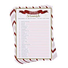 a christmas word scramble is shown on top of a red and white striped paper sheet