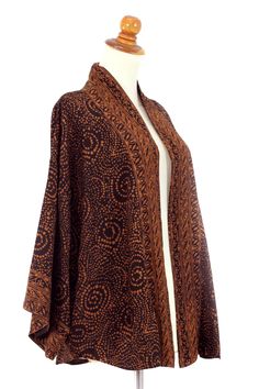 Brown and Black Batik Rayon short kimono jacket - Javanese Chocolate | NOVICA Pola Outer Batik, Model Outer Batik, Kimono Jacket Outfit, Pola Outer, Pola Kardigan, Kimono Batik, Batik Jacket, Wastra Nusantara, Batik Kimono