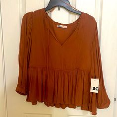 Nwt. Boho Peasant Top Casual Flowy Peasant Top For Fall, Brown Fall Blouse For Vacation, Brown Blouse For Fall Vacation, Brown Spring Peasant Top, Spring Brown Peasant Top, Long Sleeve Running Shirt, Babydoll Shirt, Boho Peasant Top, Batwing Top