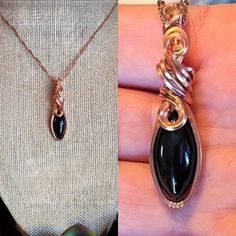 Beautiful Black Obsidian wrapped in copper wire with a copper chain. Unique Black Copper Jewelry, Black Copper Pendant Jewelry, Elegant Hand Wrapped Copper Jewelry, Black Wire Wrapped Pendant Jewelry, Handmade Black Copper Necklaces, Black Copper Pendant Necklace, Handmade Black Copper Necklace, Elegant Black Copper Jewelry, Black Copper Wire-wrapped Necklace