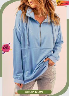 Cotton Pocketed Half Zip Pullover Sky Blue Sweatshirt