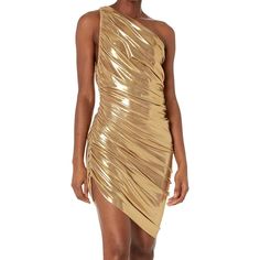 Norma Kamali Gold Bodycon Dress For Holiday, Holiday Gold Bodycon Dress, Glamorous Draped Dress For Date Night, Gold Mini Dress For Spring Cocktail, Glamorous Draped Cocktail Dress, Fitted Gold Midi Dress, Gold Dressy Mini Dress For Cocktail, Spring Evening Mini Dress With Draped Shape, Gold Dressy Cocktail Mini Dress