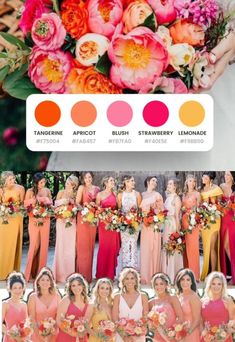 the bridesmaid's bouquets are all different colors, and there is no image