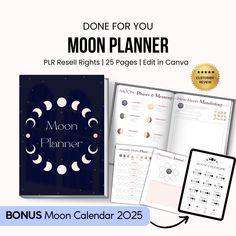 the moon planner is open to show it's full moon calendar and its contents