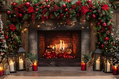 a fireplace decorated with christmas decorations and candles